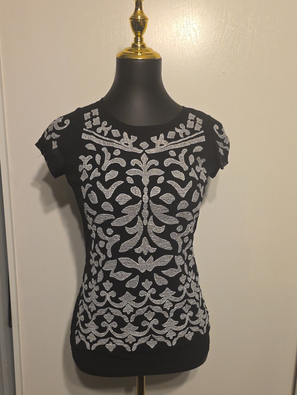 INC International Concepts Black Short-Sleeve Top with White Embroidered Motif